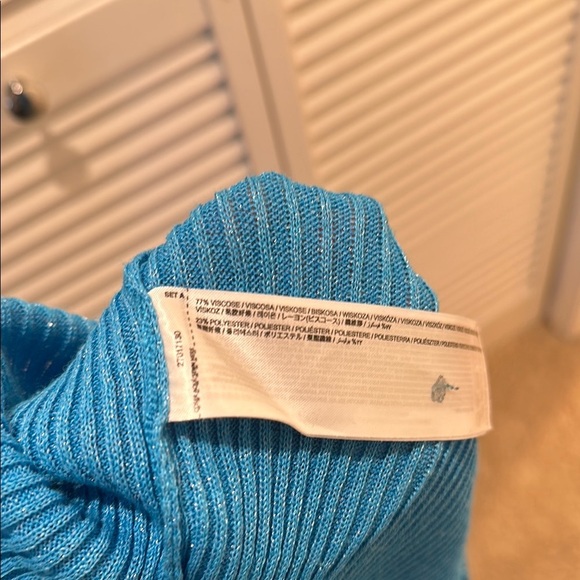 Mango Blue Ribbed Long Sleeve Tie Front Blouse - Picture 5 of 5